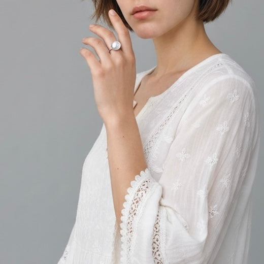 Mother Pearl Ring - Raw Natural Pearl Silver Plated Adjustable Size (5 pcs)