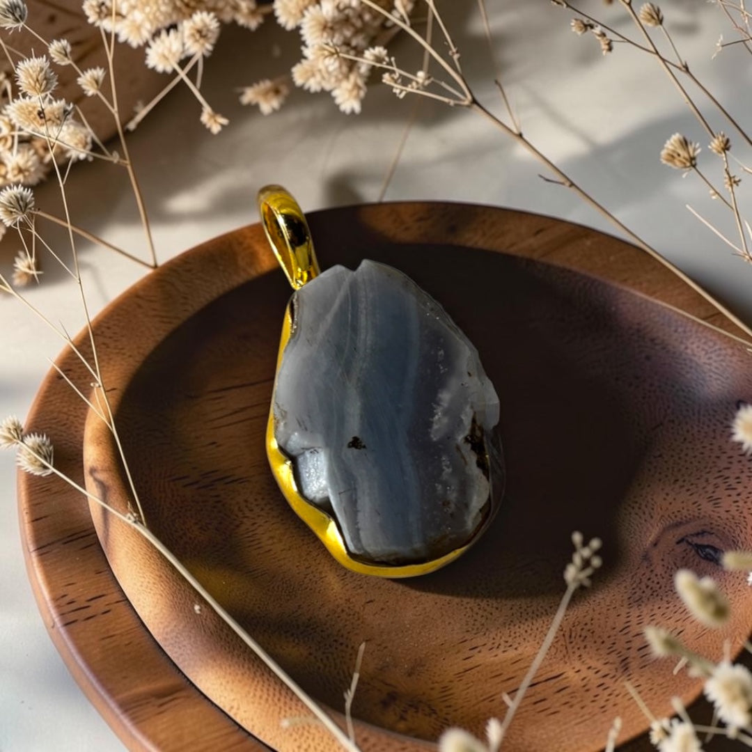 Blue Lace Agate Pendant - Raw Natural Stone Gold Plated | Ziva