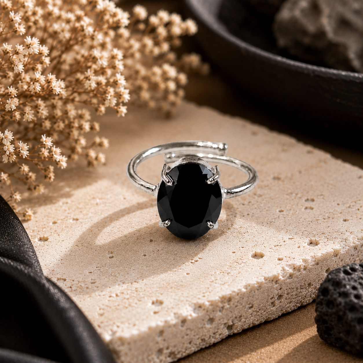 Black Tourmaline Ring – Faceted Natural Stone Silver Plated Adjustable | Fortuna