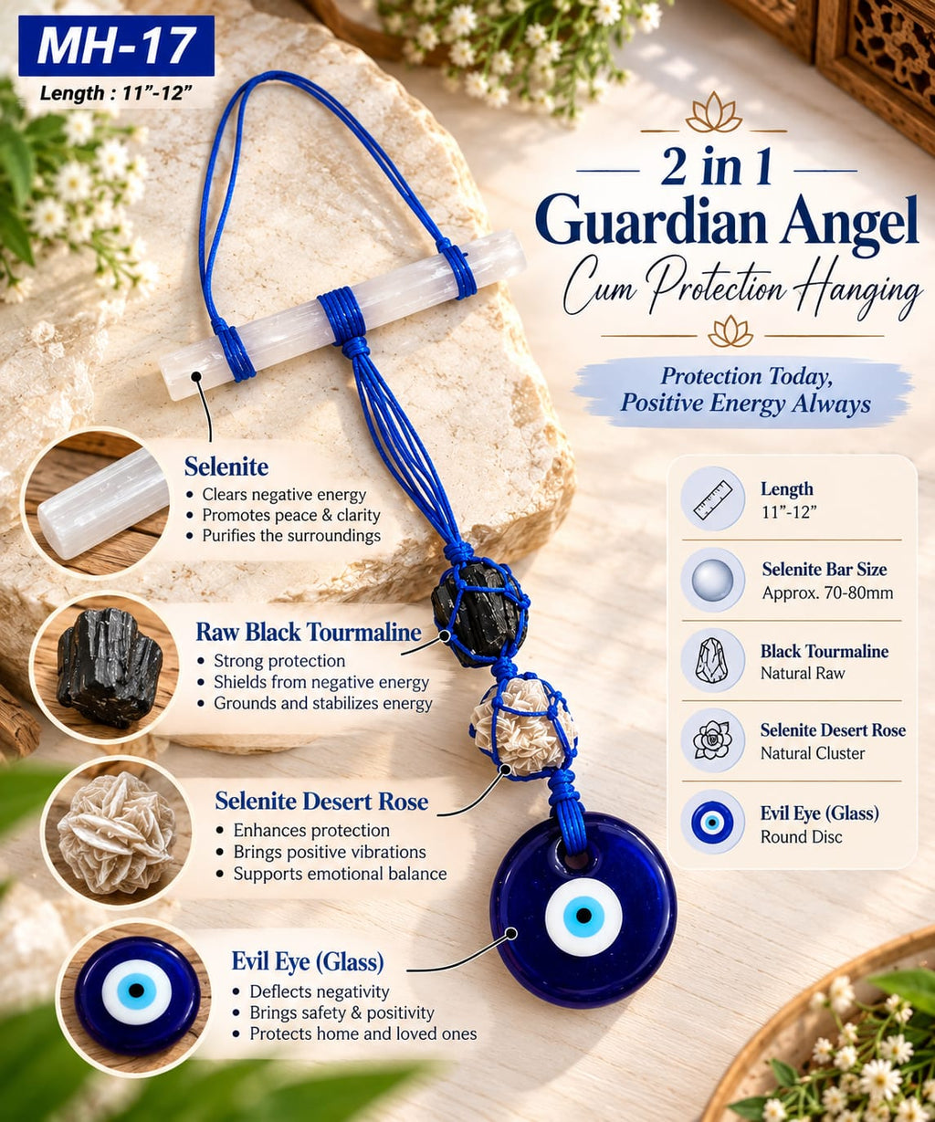 Selenite, Black Tourmaline, Desert Rose & Evil Eye Door Hanging - Raw Natural Crystals | Guardian Angel Protection