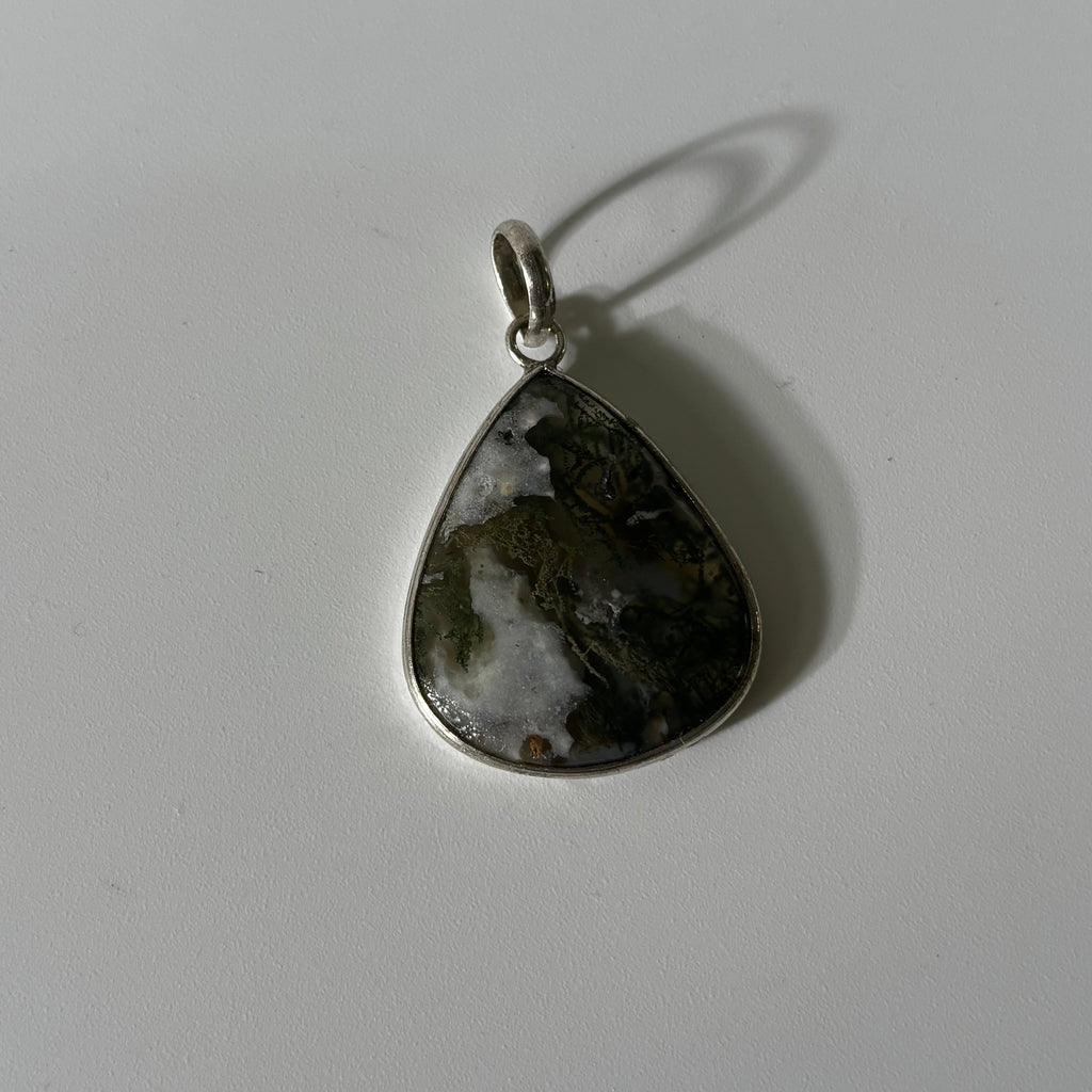 Forest Green Moss Agate Pendant - Natural Stone Silver Plated | Rare III