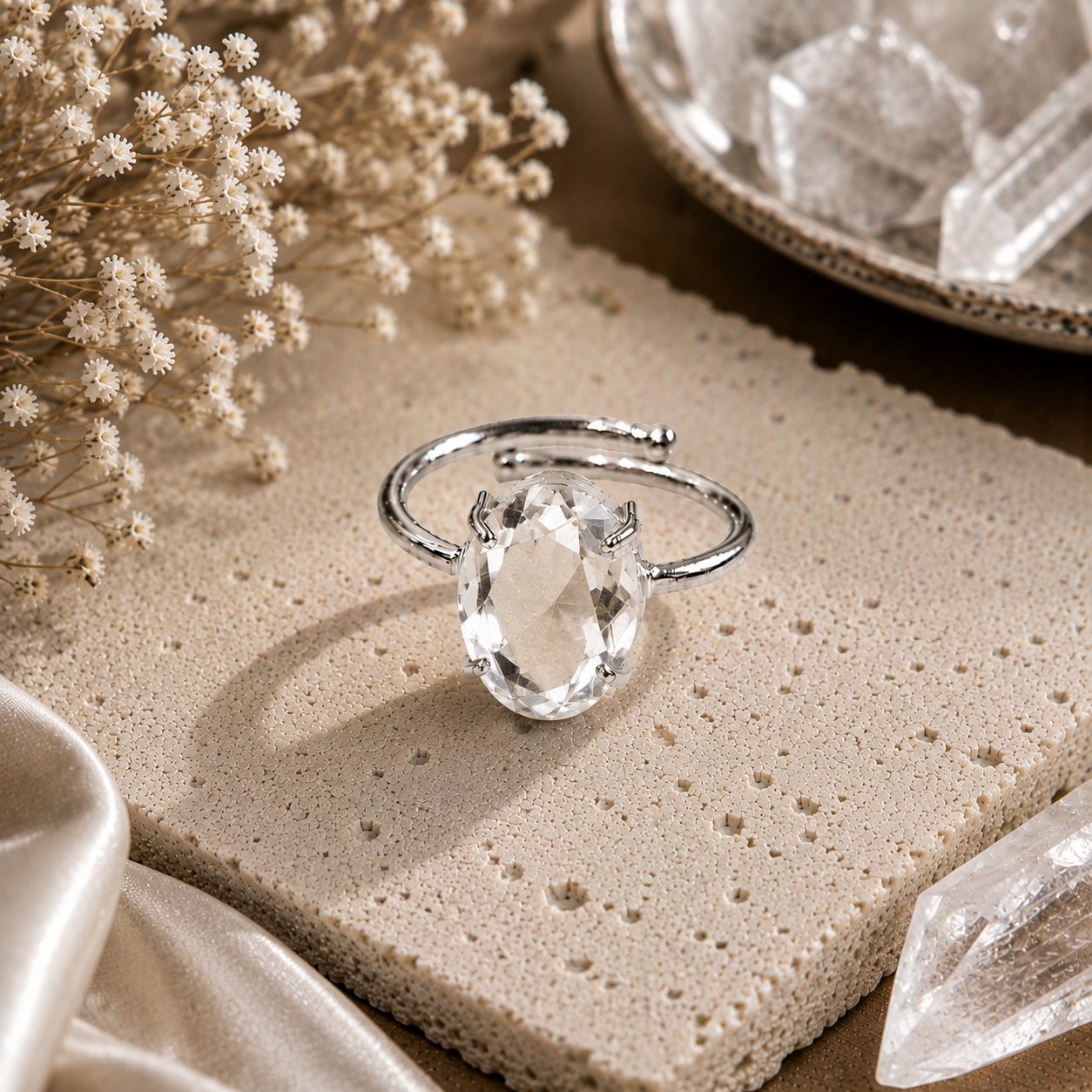Clear Quartz Ring – Faceted Natural Stone Silver Plated Adjustable | Fortuna