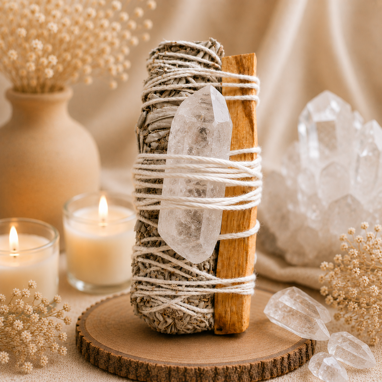 Sage + Clear Quartz Stone
+ Palosanto Smudge Bundle
