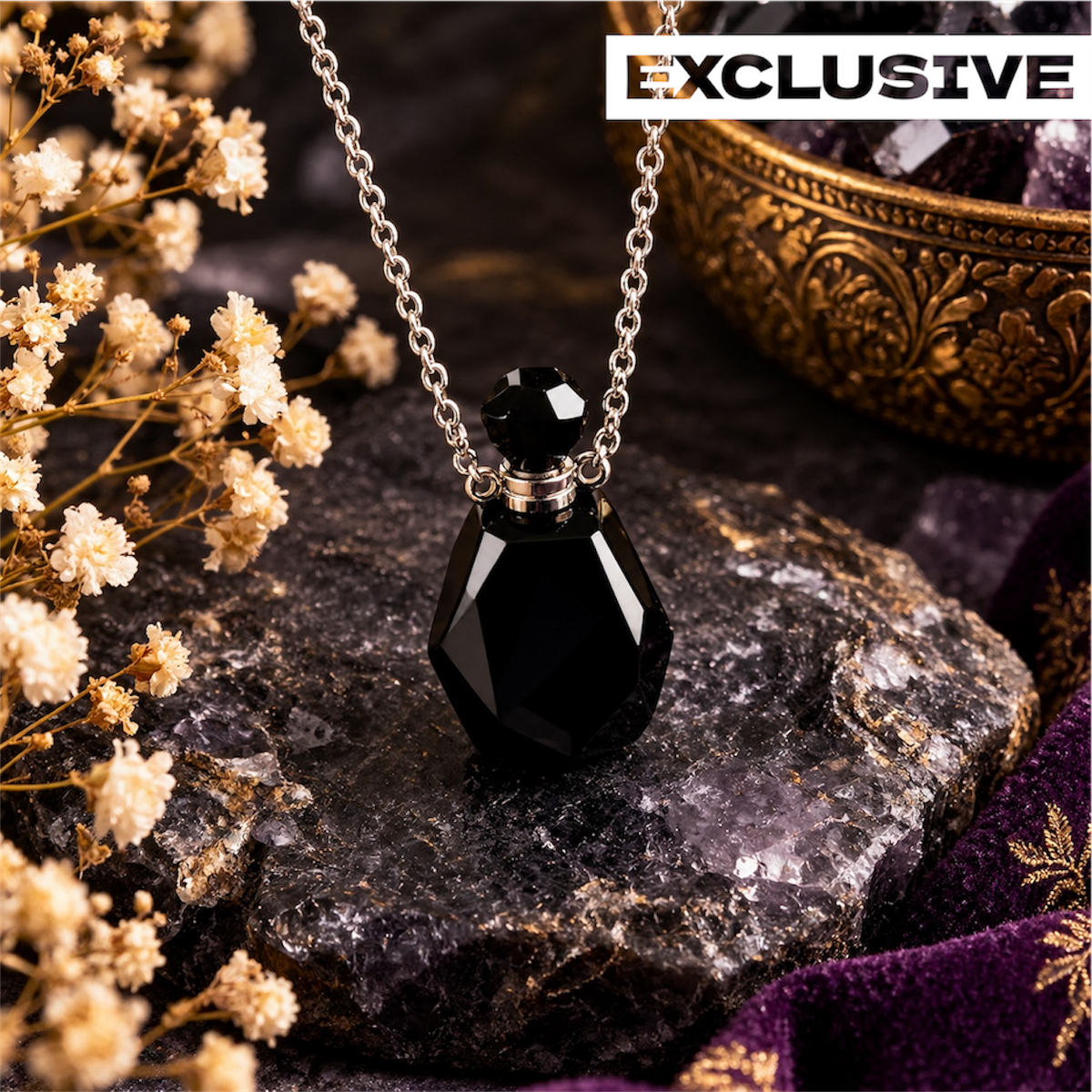 Black Obsidian Pendant - Perfume Bottle Carved Openable  Natural Stone | Protection