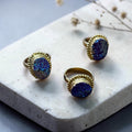 Drusy Agate Ring - Raw Stone Titanium Gold Plated Adjustable Size (3 pcs)