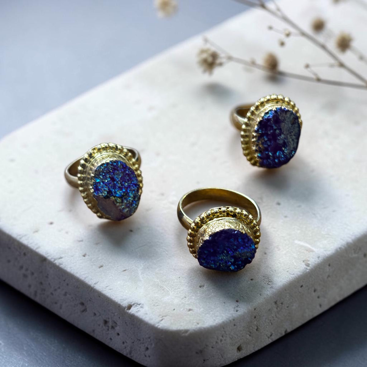 Drusy Agate Ring - Raw Stone Titanium Gold Plated Adjustable Size (3 pcs)