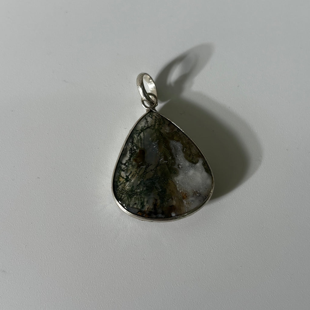 Forest Green Moss Agate Pendant - Natural Stone Silver Plated | Rare III