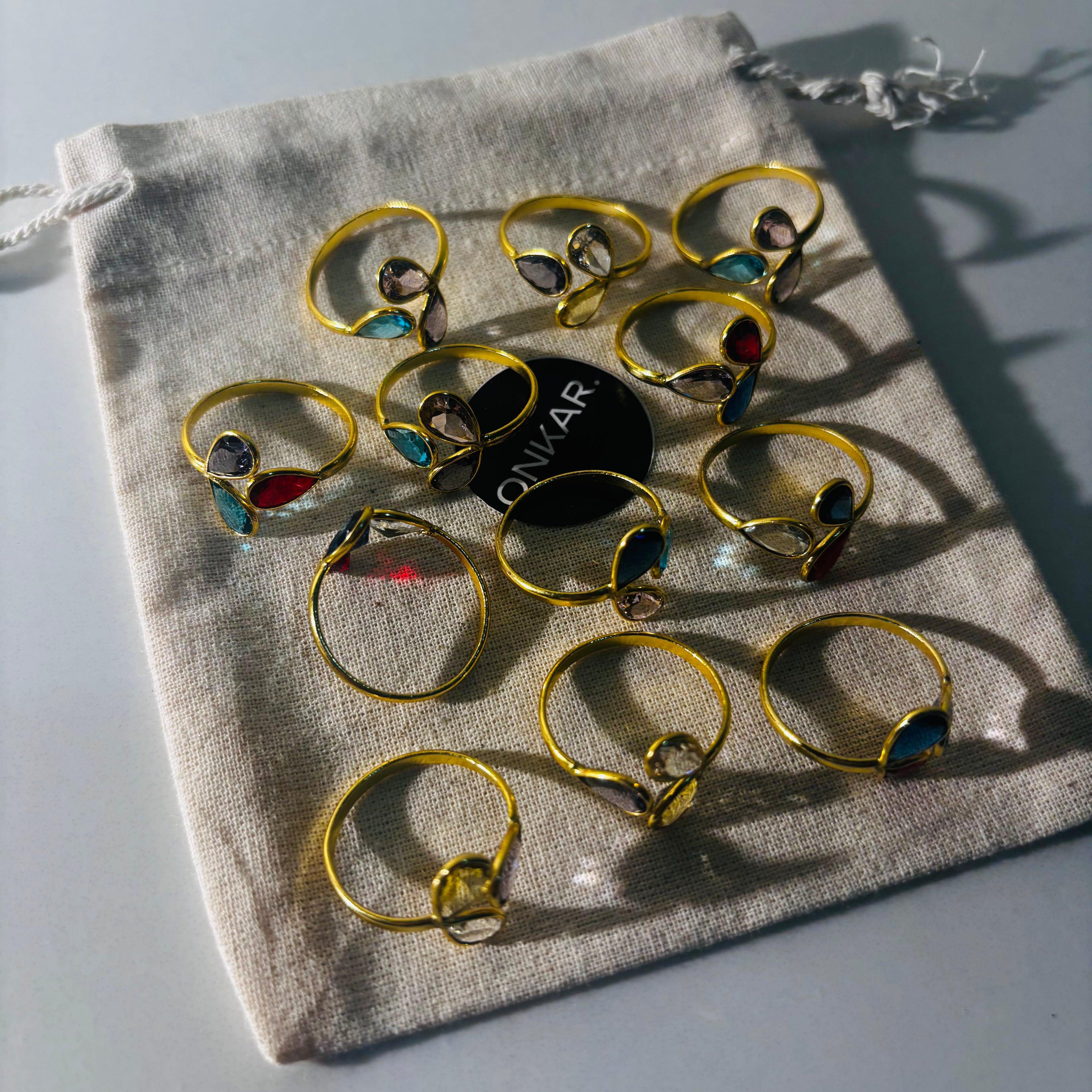 Floral Trio Stone Ring - Minimal Stone Brass Goldplated Adjustable Size Mix Assorted (Pack of 12)