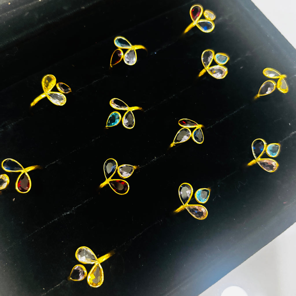 Floral Trio Stone Ring - Minimal Stone Brass Goldplated Adjustable Size Mix Assorted (Pack of 12)