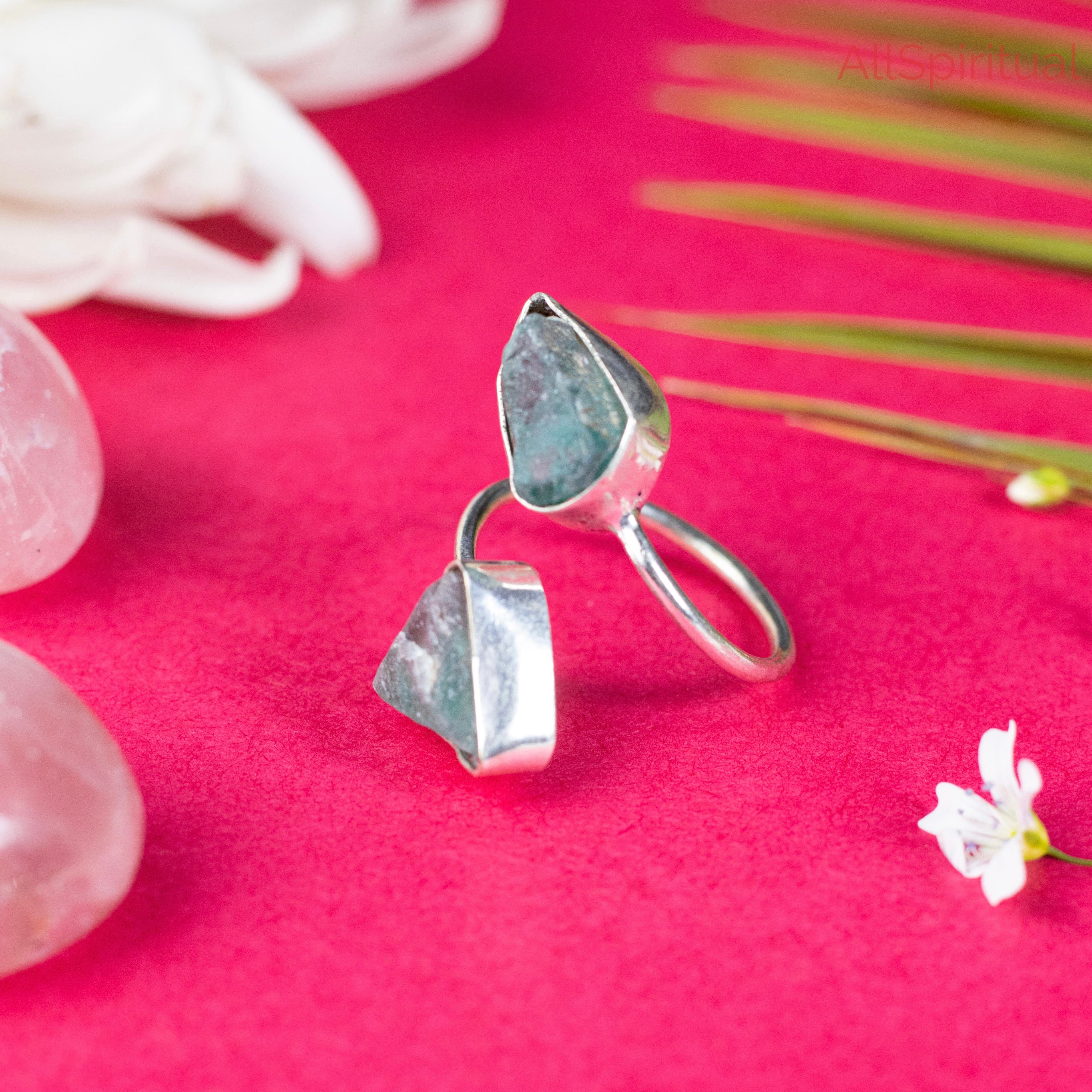 Green Aventurine Ring - Raw Natural Dual Stone Adjustable Silver Plated | Crest of Luck