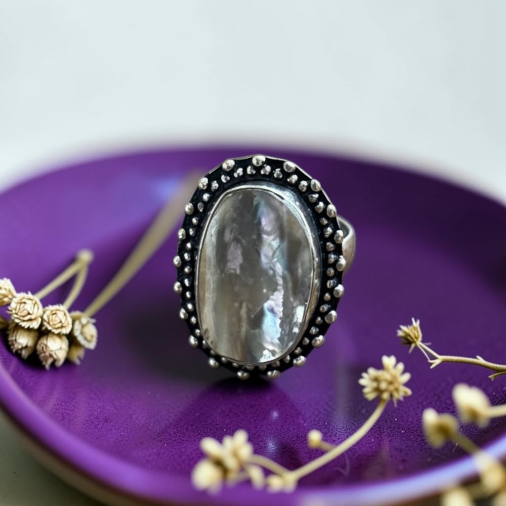 Mother Pearl Ring - Raw Natural Stone Oxidised Silver Plated Adjustable | Brillo