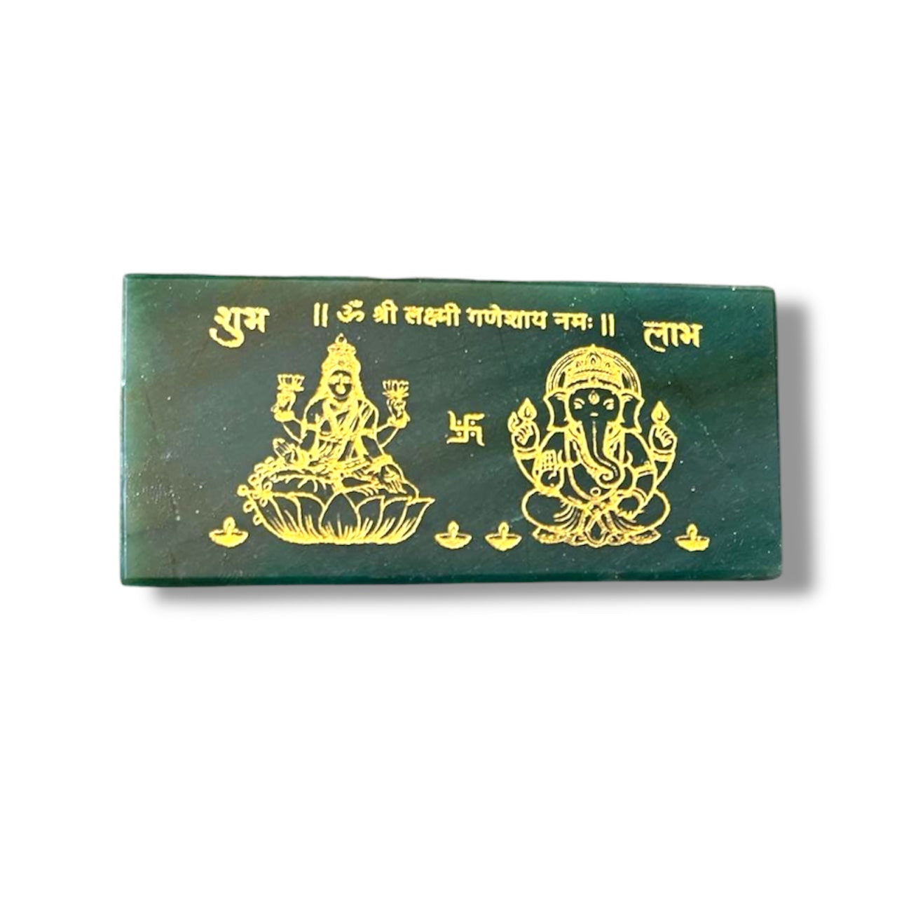 Green Jade Plate with Lakshmi Ganesh & Shree Yantra Artwork – Natural Crystal Slab | Spiritual Home Decor