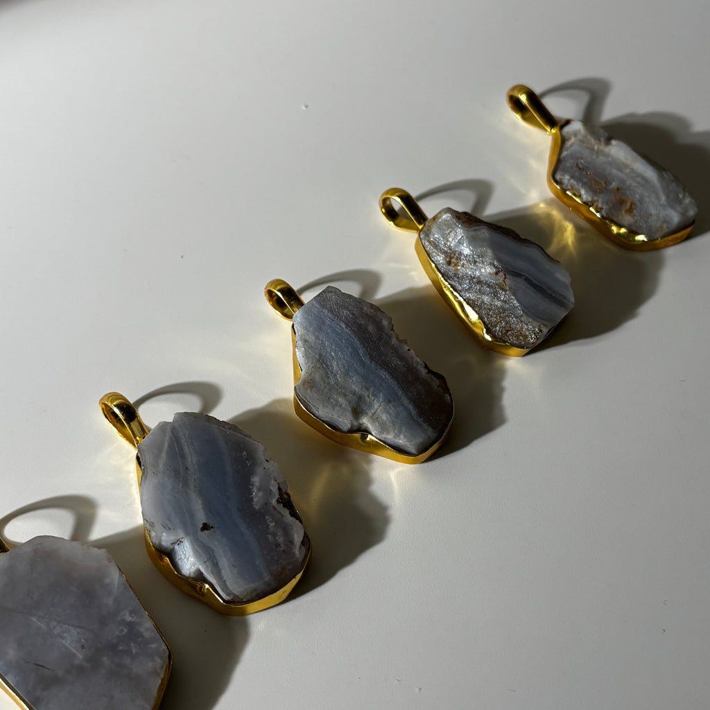 Blue Lace Agate Pendant - Raw Natural Stone Gold Plated | Ziva
