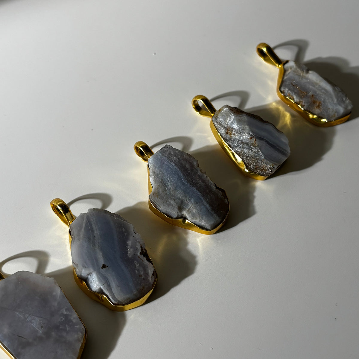 Blue Lace Agate Pendant - Raw Natural Stone Gold Plated | Ziva