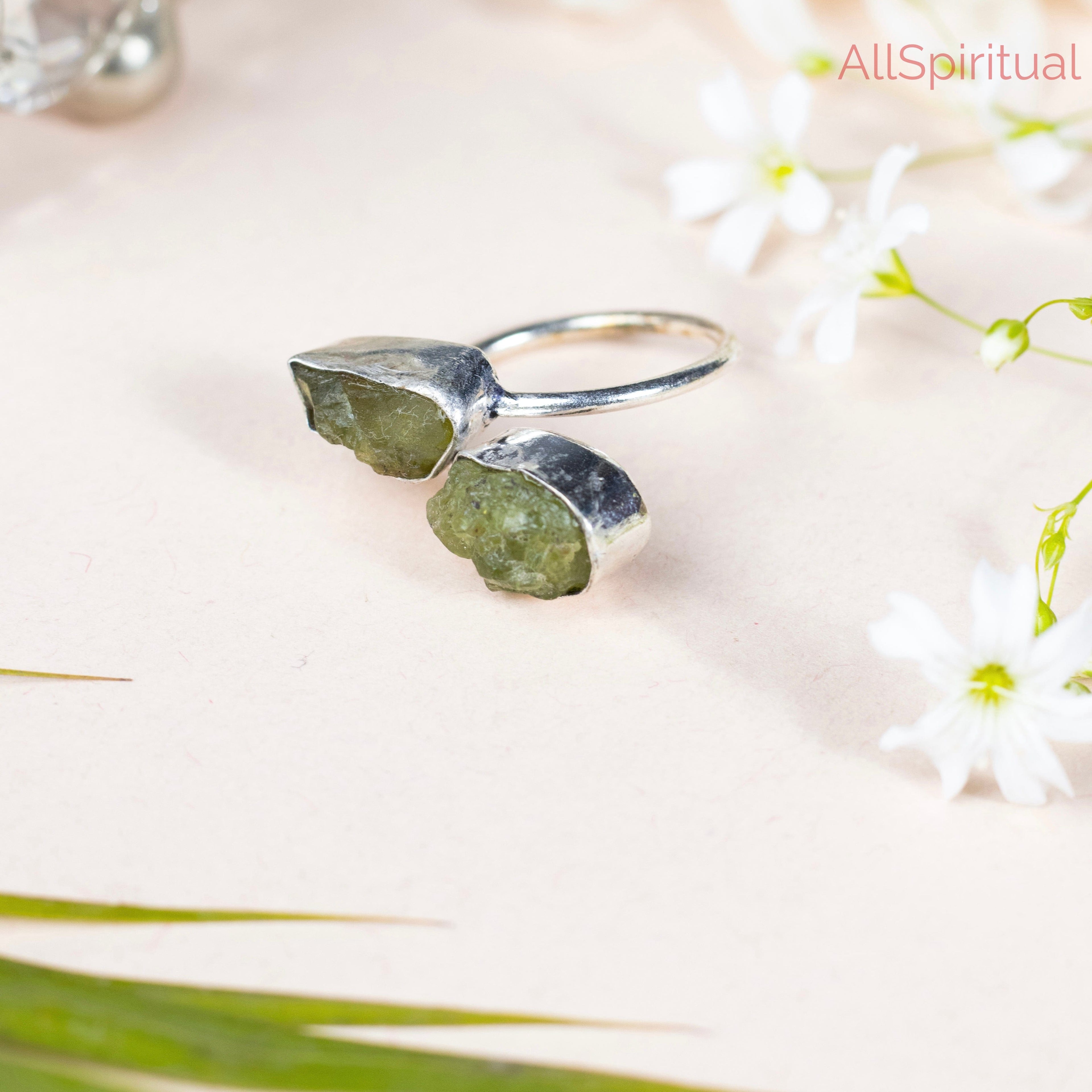 Peridot Ring - Raw Natural Dual Stone Adjustable Silver Plated | Crest of Calm