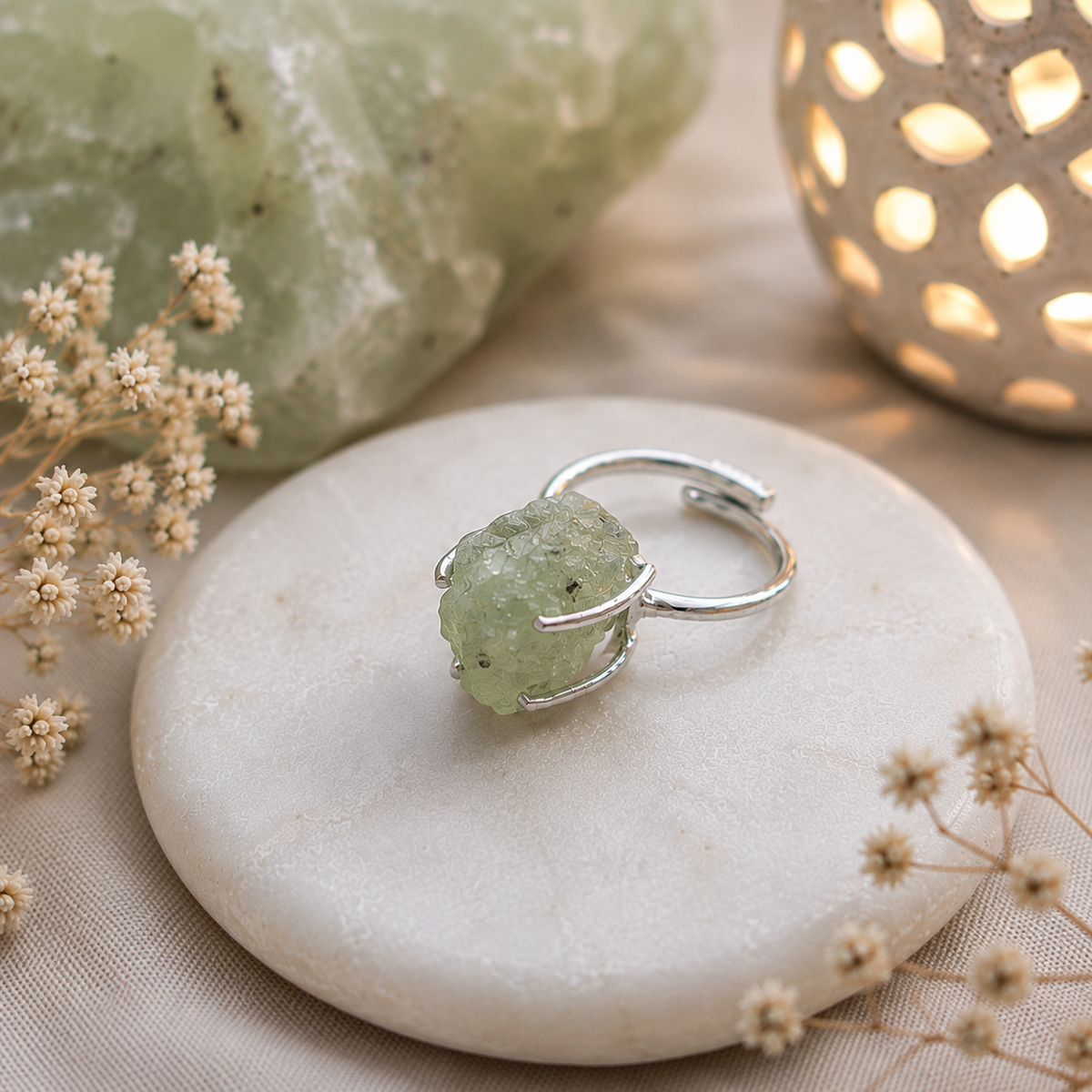 Prehnite Ring - Raw Natural Stone Silver Plated Adjustable | Elegancia