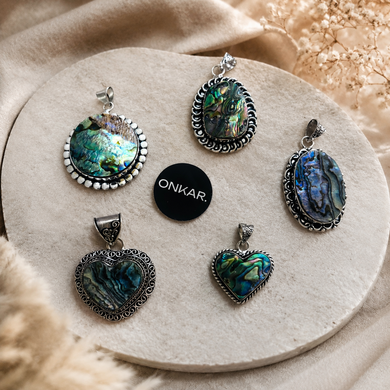 Abalone Shell Pendant - Natural Abalone Stone German Silver Mix Assorted (Pack of 5)