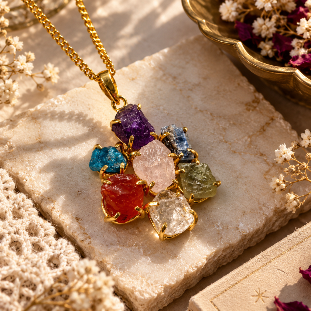 Seven Stones Pendant – Raw Natural Stone Gold Plated | Siete