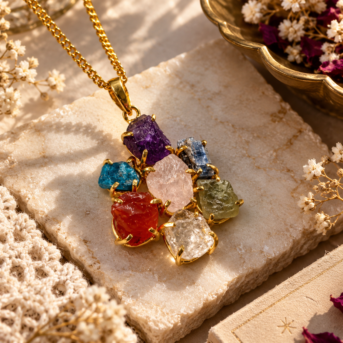 Seven Stones Pendant – Raw Natural Stone Gold Plated | Siete