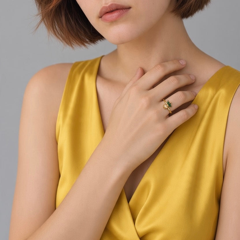 Citrine & Green Jade Ring - Pineapple Carved Natural Faceted Stone Gold Plated Anti tarnish Adjustable | Flourish