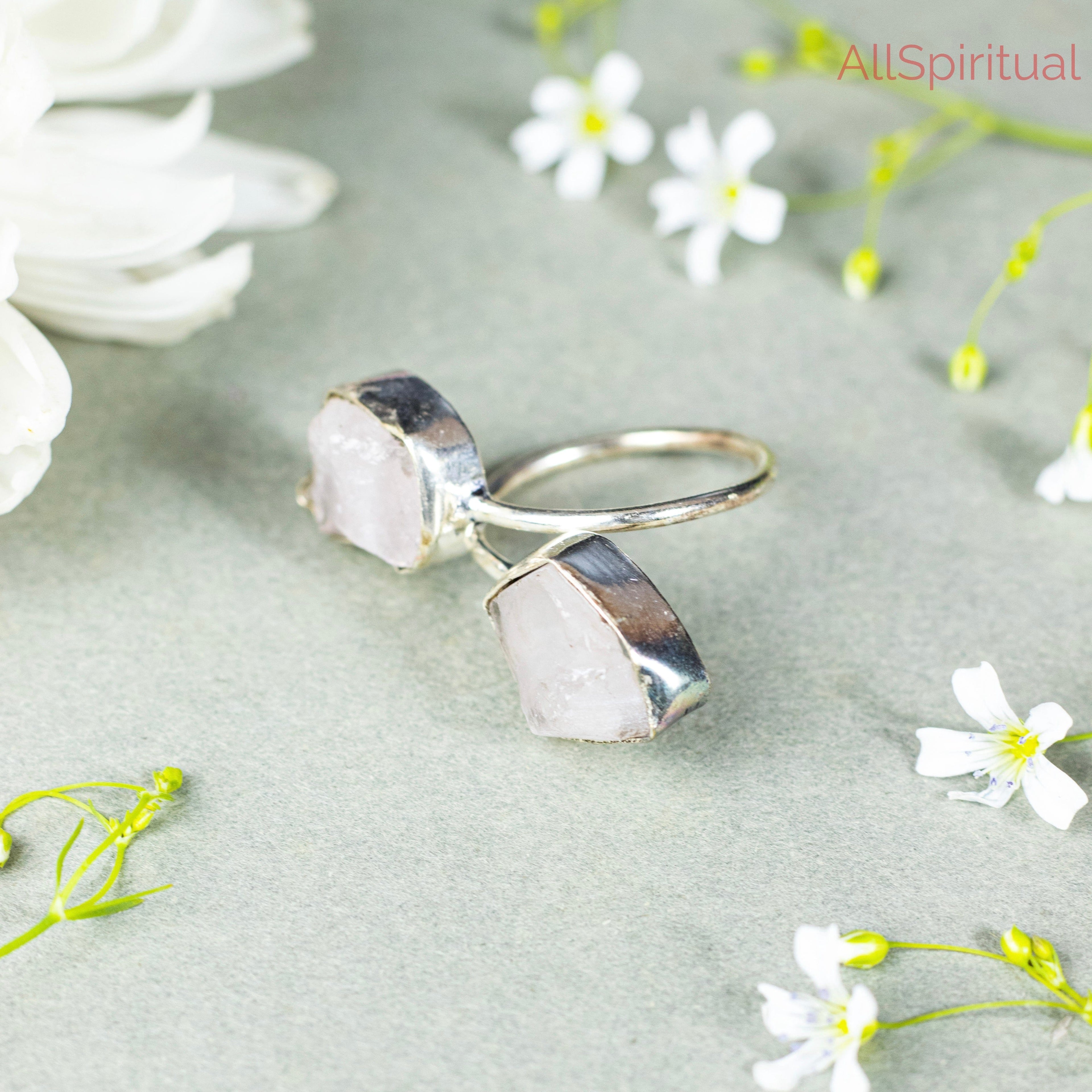 Rose Quartz Ring - Raw Natural Dual Stone Adjustable Silver Plated | Crest of Love