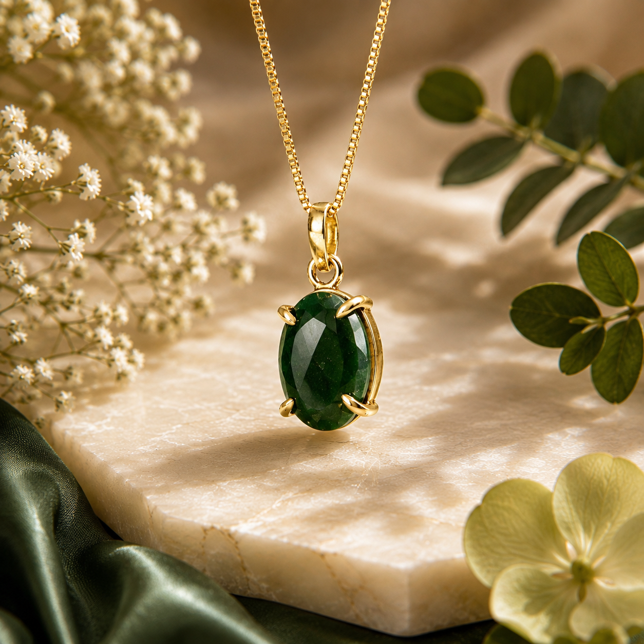Green Jade Pendant – Faceted Natural Stone Gold Plated | Serena