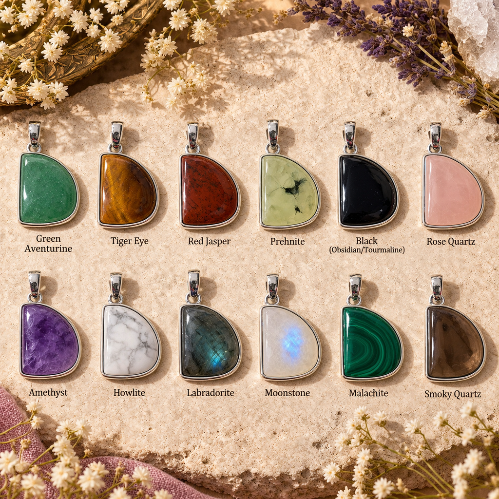 Assorted Crystals Pendant – D Shape Natural Stone Silver Plated | Sol