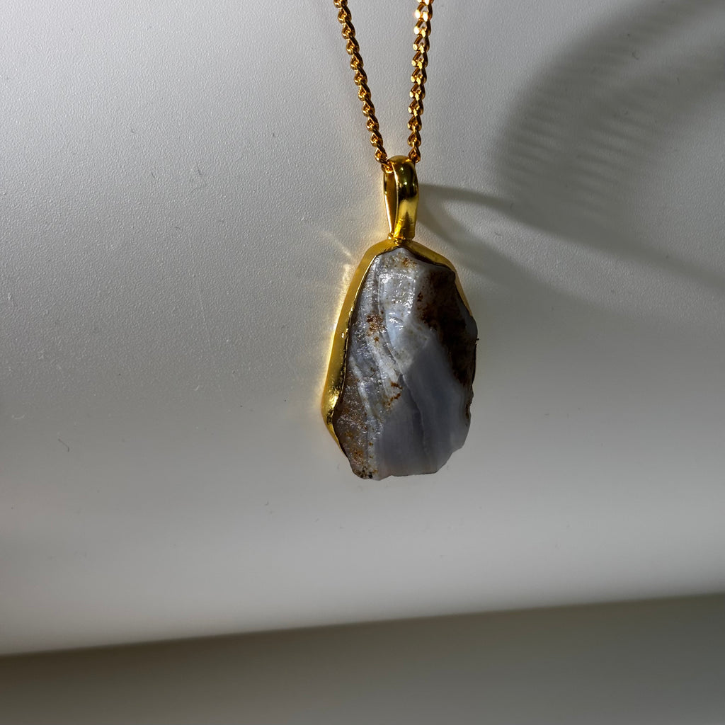 Blue Lace Agate Pendant - Raw Natural Stone Gold Plated | Ziva