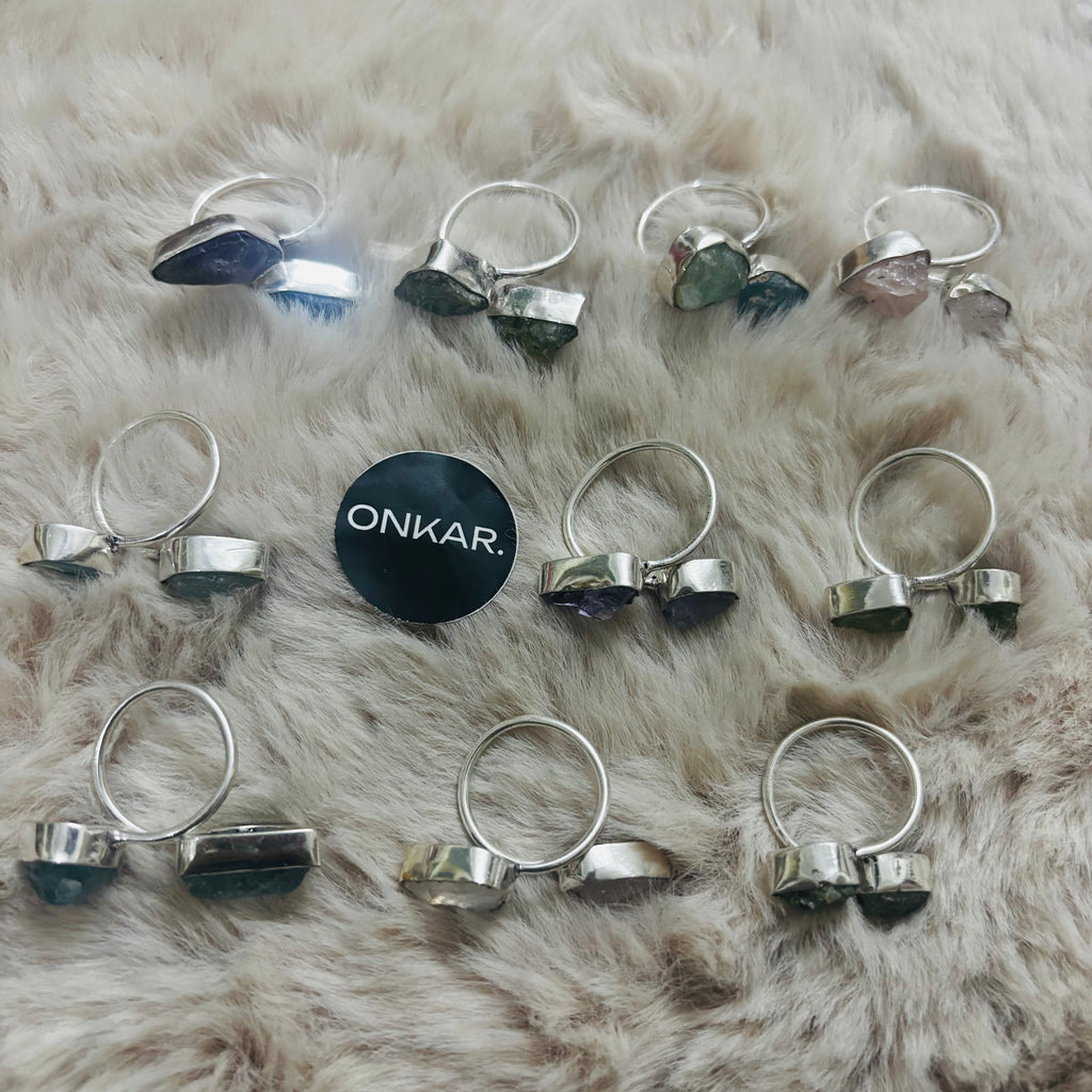Gemstone Ring - Raw Natural Dual Stone German Silver Adjustable Size Mix Assorted (Pack of 10)