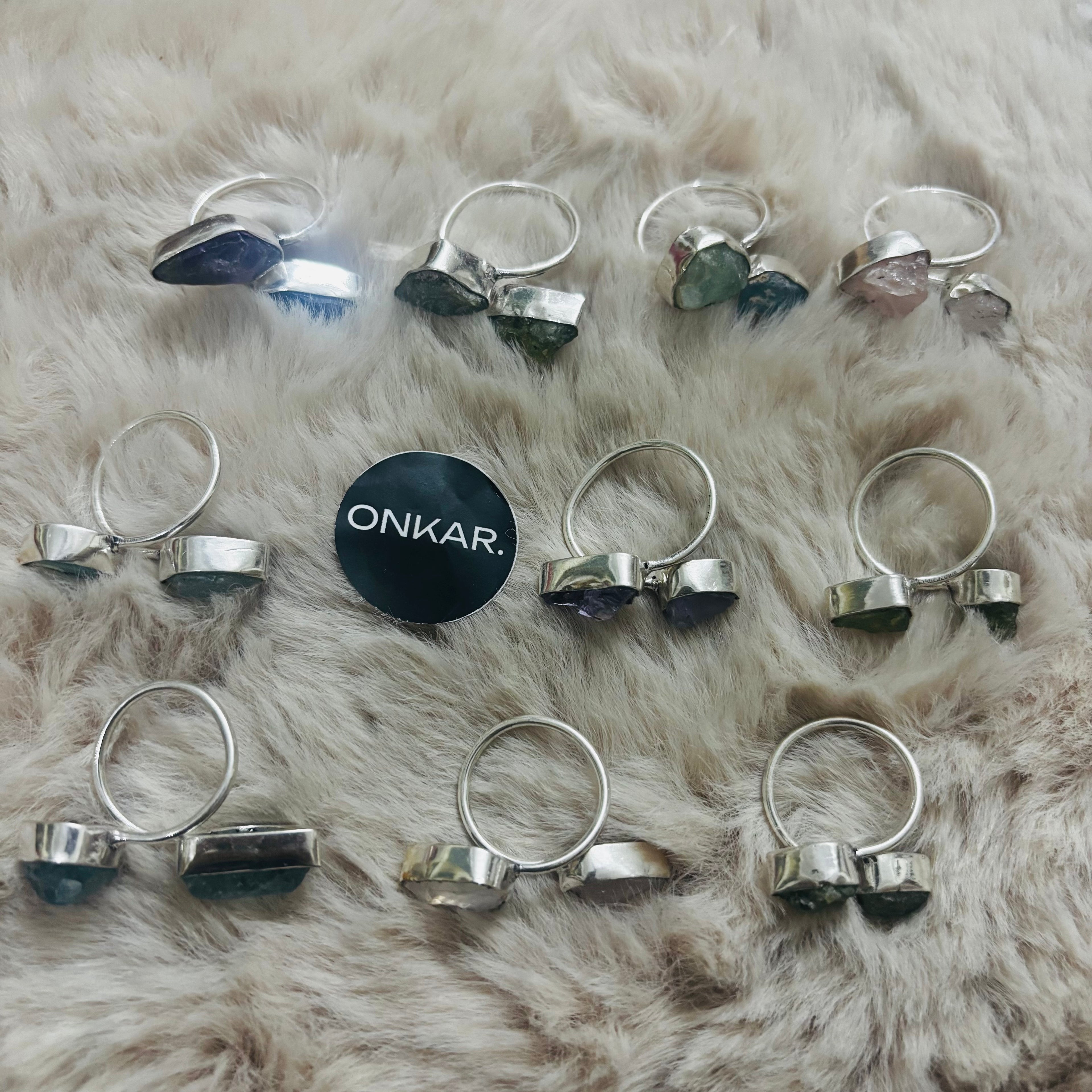 Gemstone Ring - Raw Natural Dual Stone German Silver Adjustable Size Mix Assorted (Pack of 10)