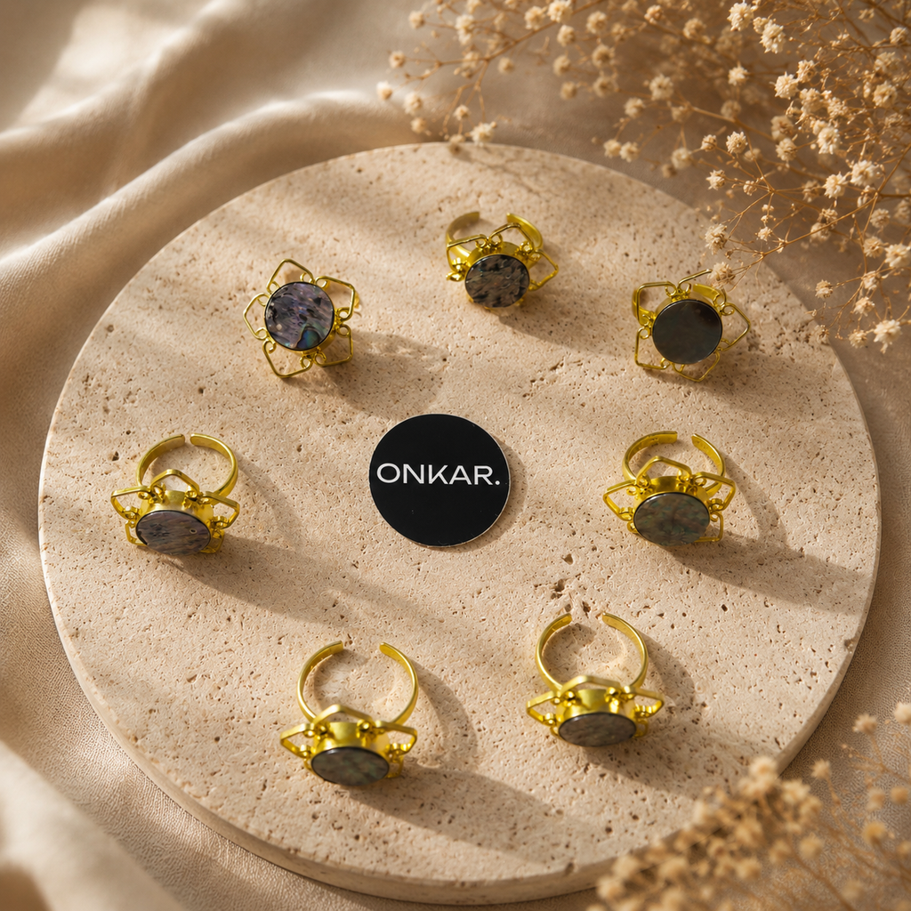 Abalone Shell Floral Ring - Natural Abalone Stone Brass Goldplated Adjustable Size (Pack of 7)
