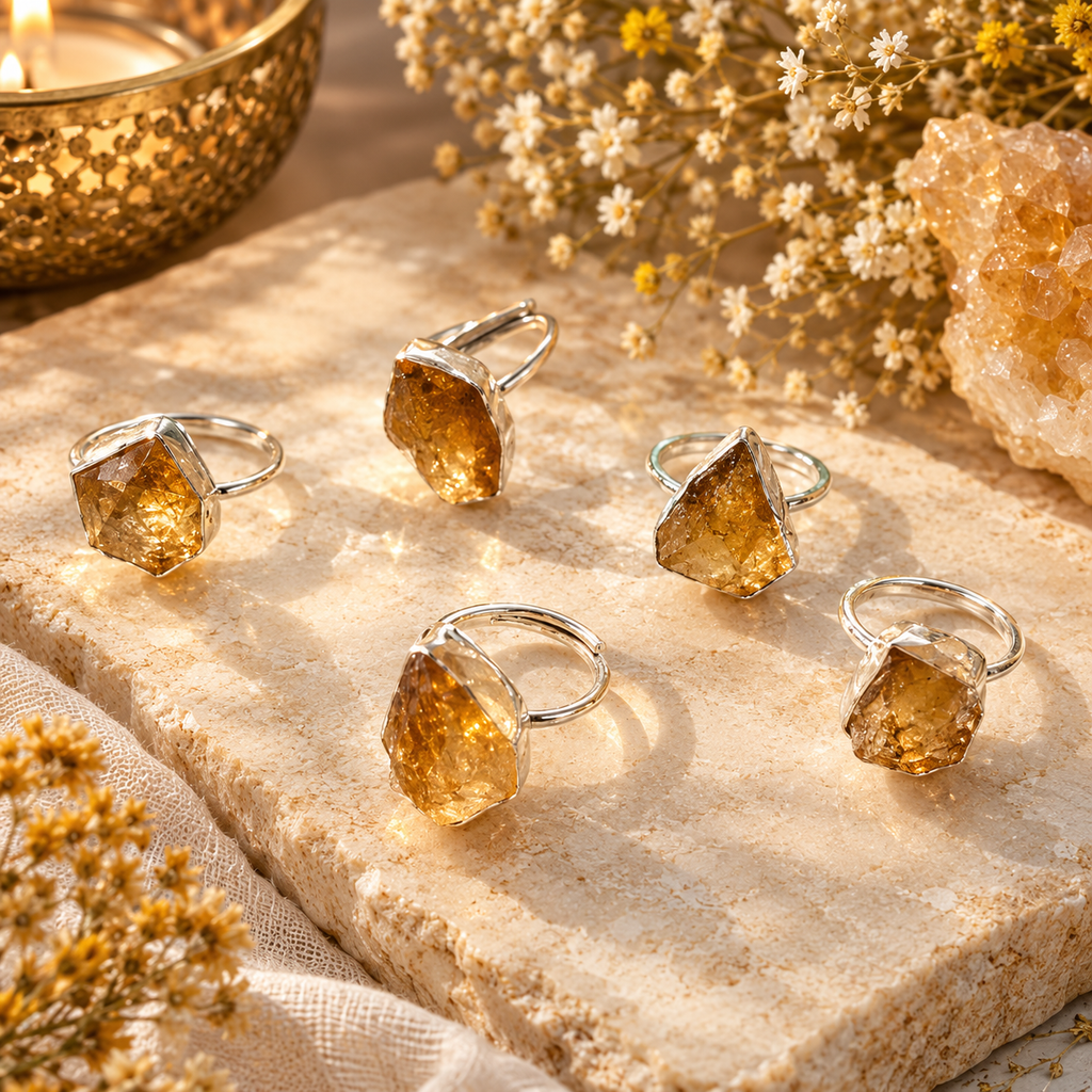 Citrine Rings - Raw Natural Big Stone Adjustable Size Silver (5 pcs)