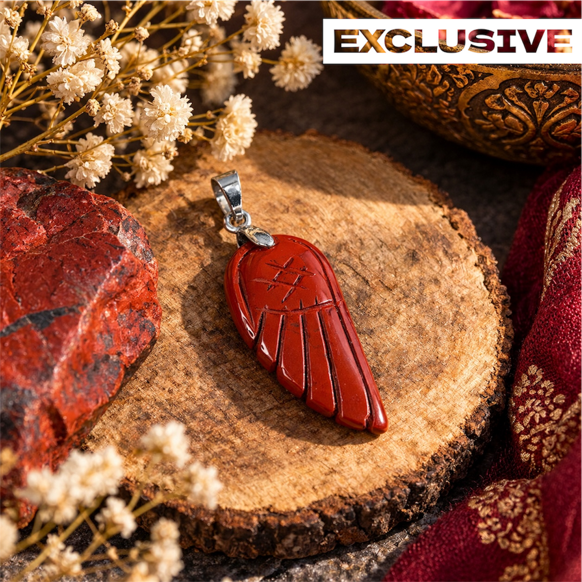 Red Jasper Pendant - Guardian Angel Wing Carved Natural Stone | Divine Guidance