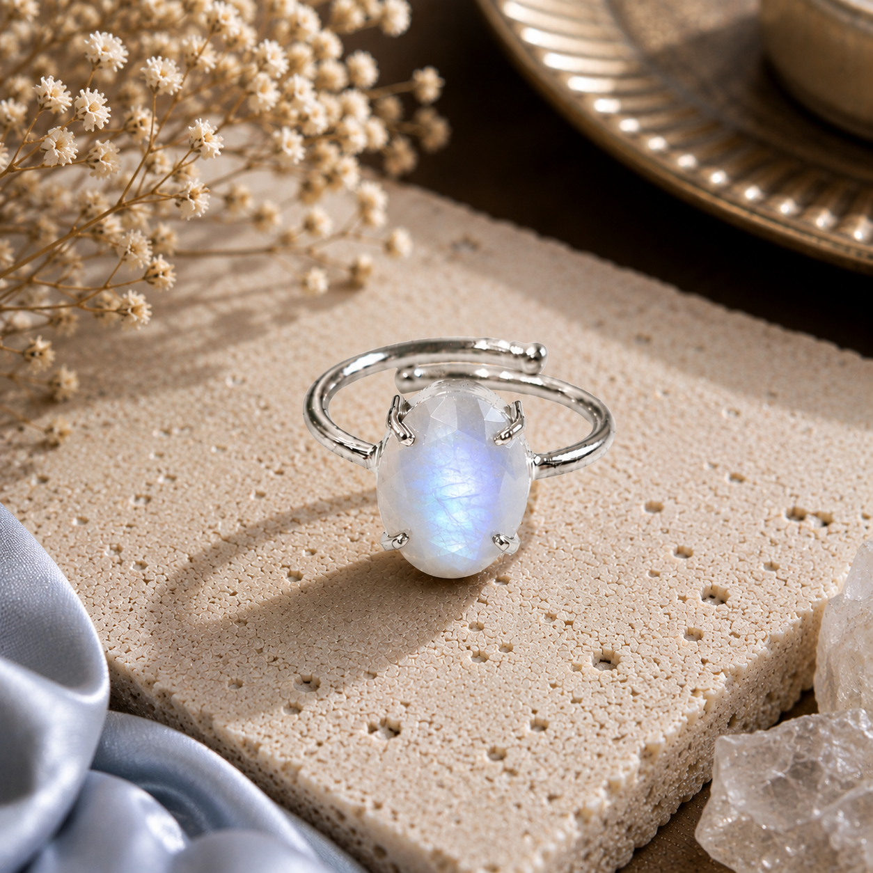 Moonstone Ring – Faceted Natural Stone Silver Plated Adjustable | Fortuna
