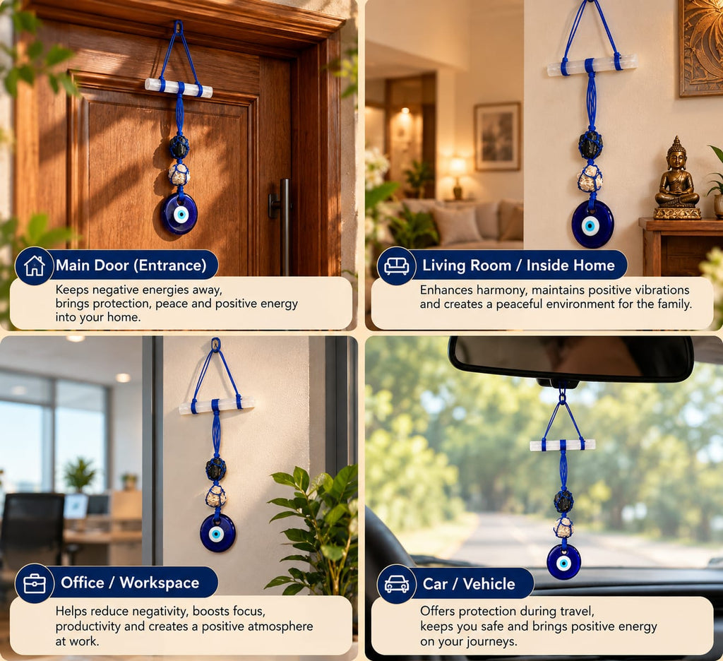 Selenite, Black Tourmaline, Desert Rose & Evil Eye Door Hanging - Raw Natural Crystals | Guardian Angel Protection