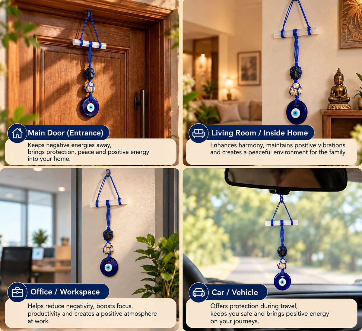 Selenite, Black Tourmaline, Desert Rose & Evil Eye Door Hanging - Raw Natural Crystals | Guardian Angel Protection