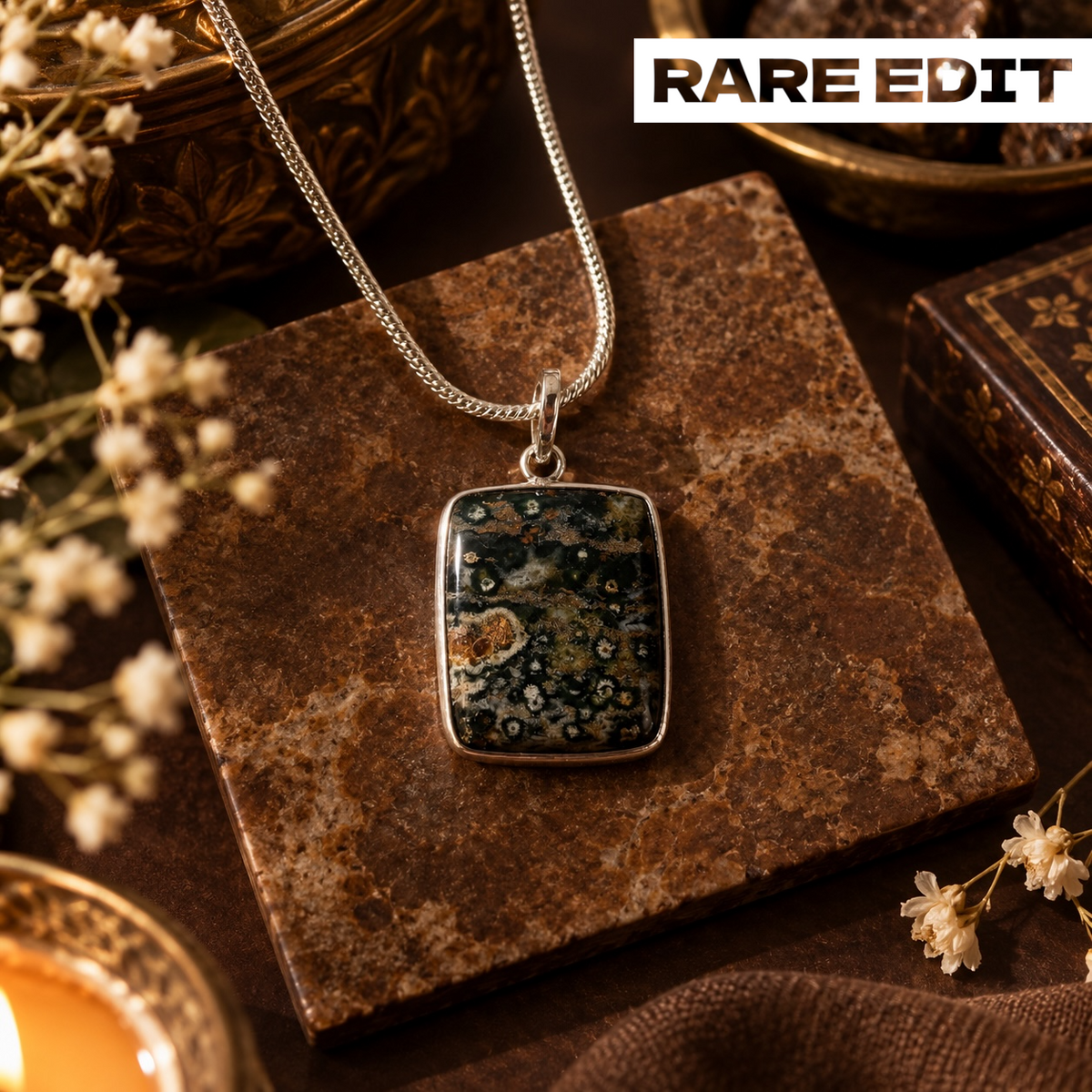 Earthy Ocean Jasper Pendant - Natural Stone Silver Plated | Rare IV