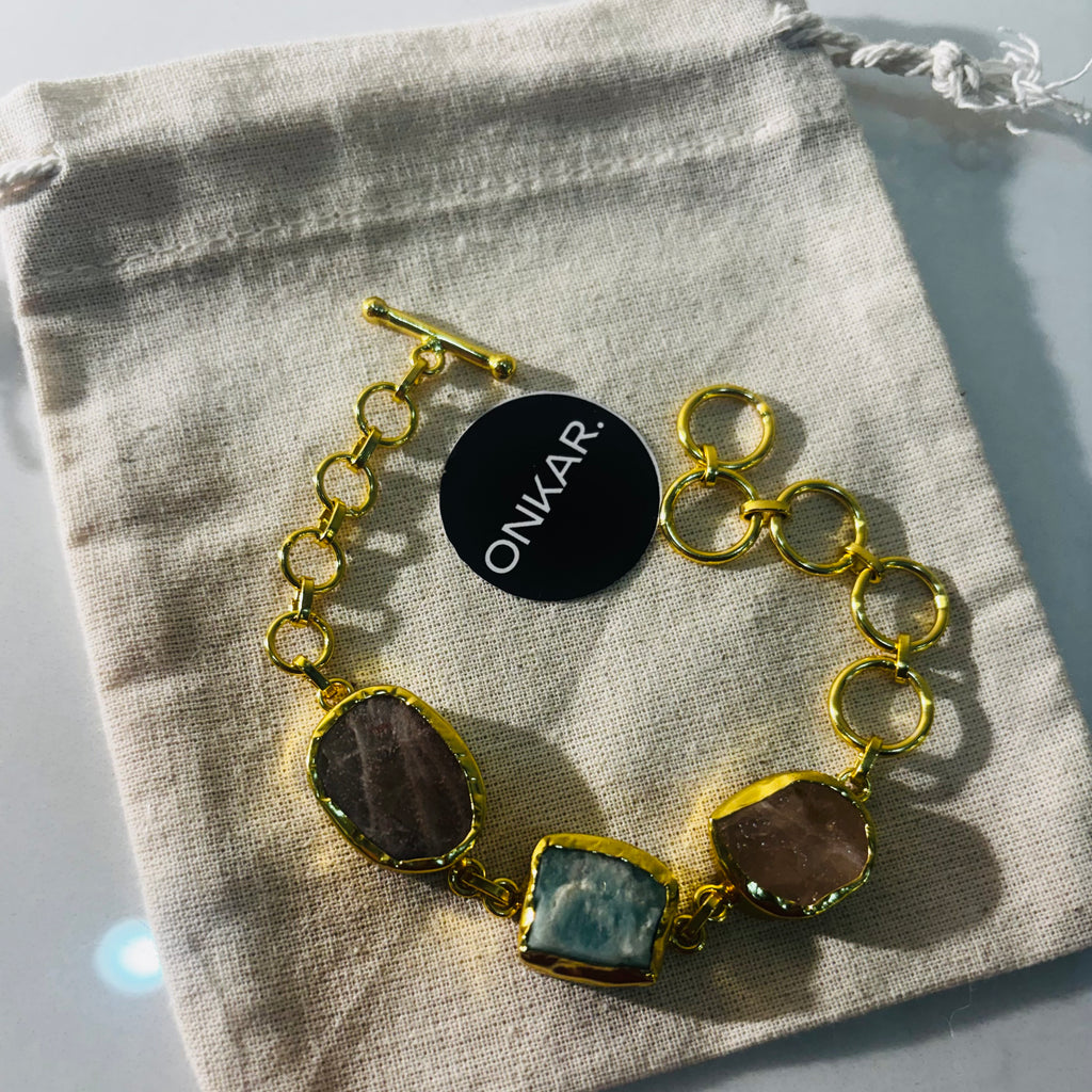Gemstone Bracelet - Raw Natural Trio Stone Brass Goldplated Adjustable Size (Pack of 7)