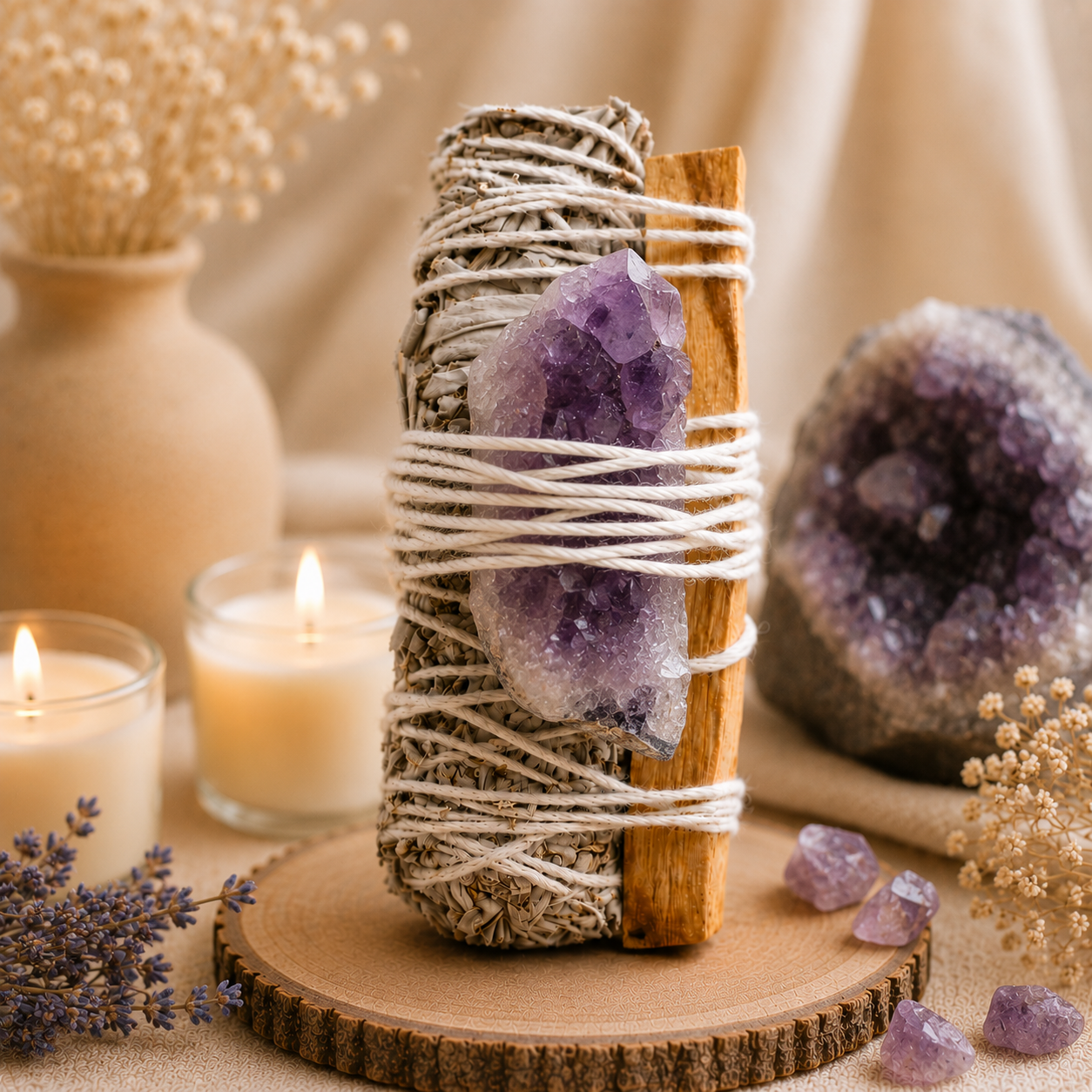 Sage + Amethyst Cluster Stone 
+ Palosanto Smudge Bundle