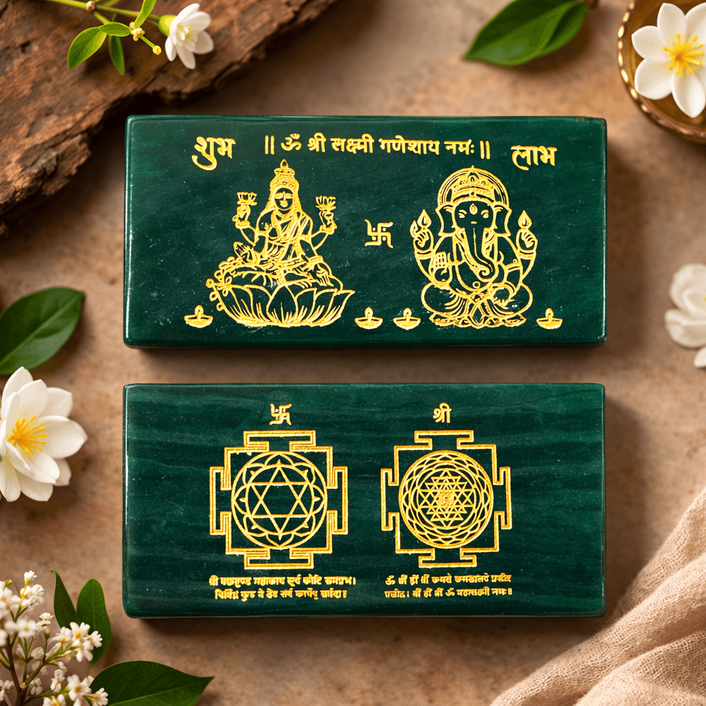 Green Jade Plate with Lakshmi Ganesh & Shree Yantra Artwork – Natural Crystal Slab | Spiritual Home Decor