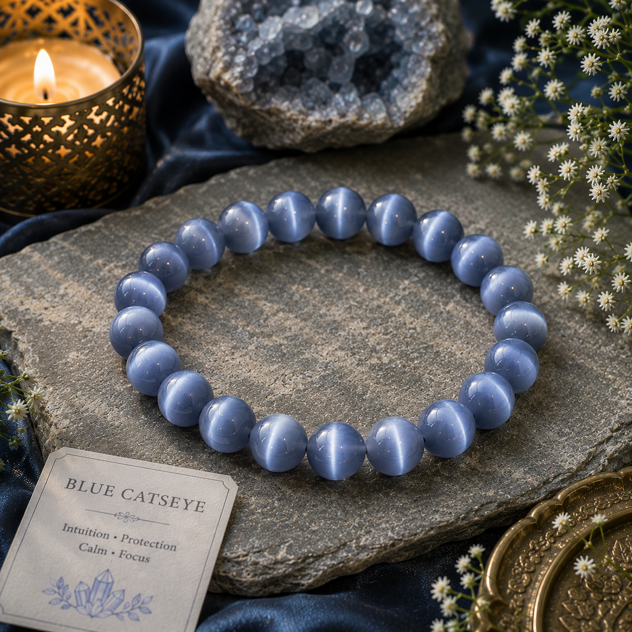 Blue Cat's Eye Crystal Bracelet - Original Round | Traditionally Known as the Stone of Insight