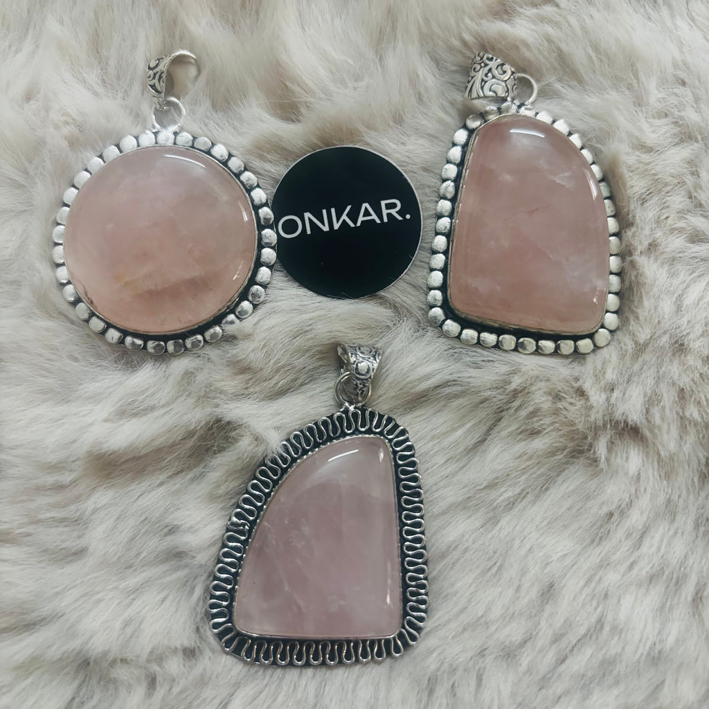 Rose Quartz Pendant - Big Stone German Silver (Pack of 3)