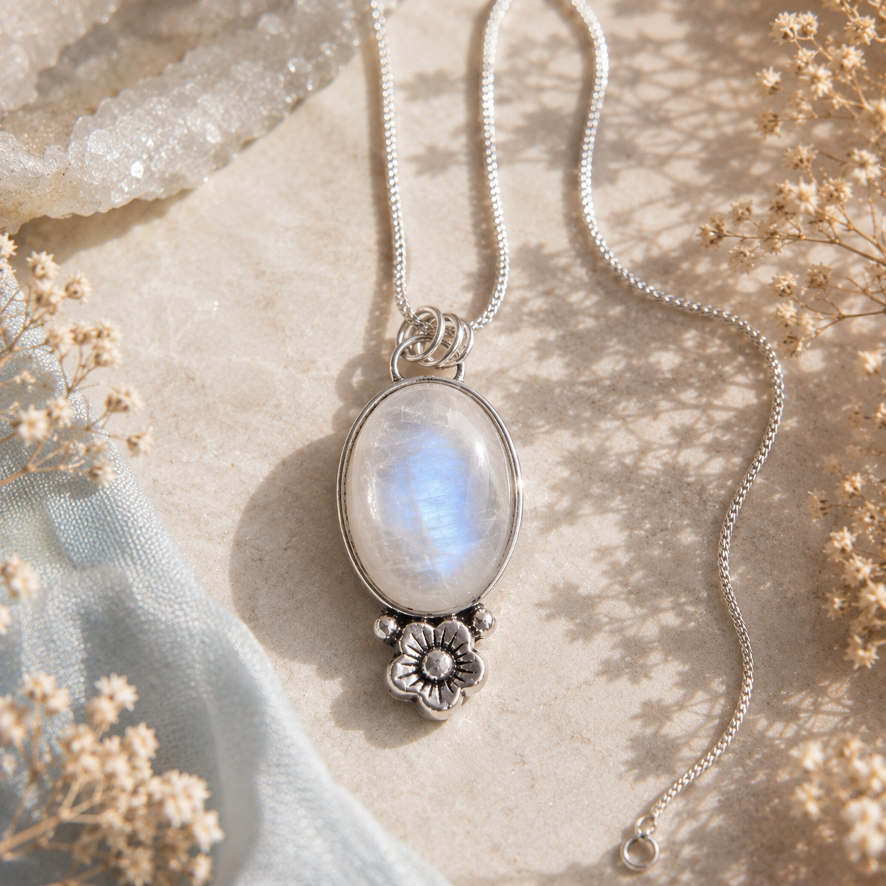 Moonstone Pendant | Big Natural Stone Silver Plated Bloom