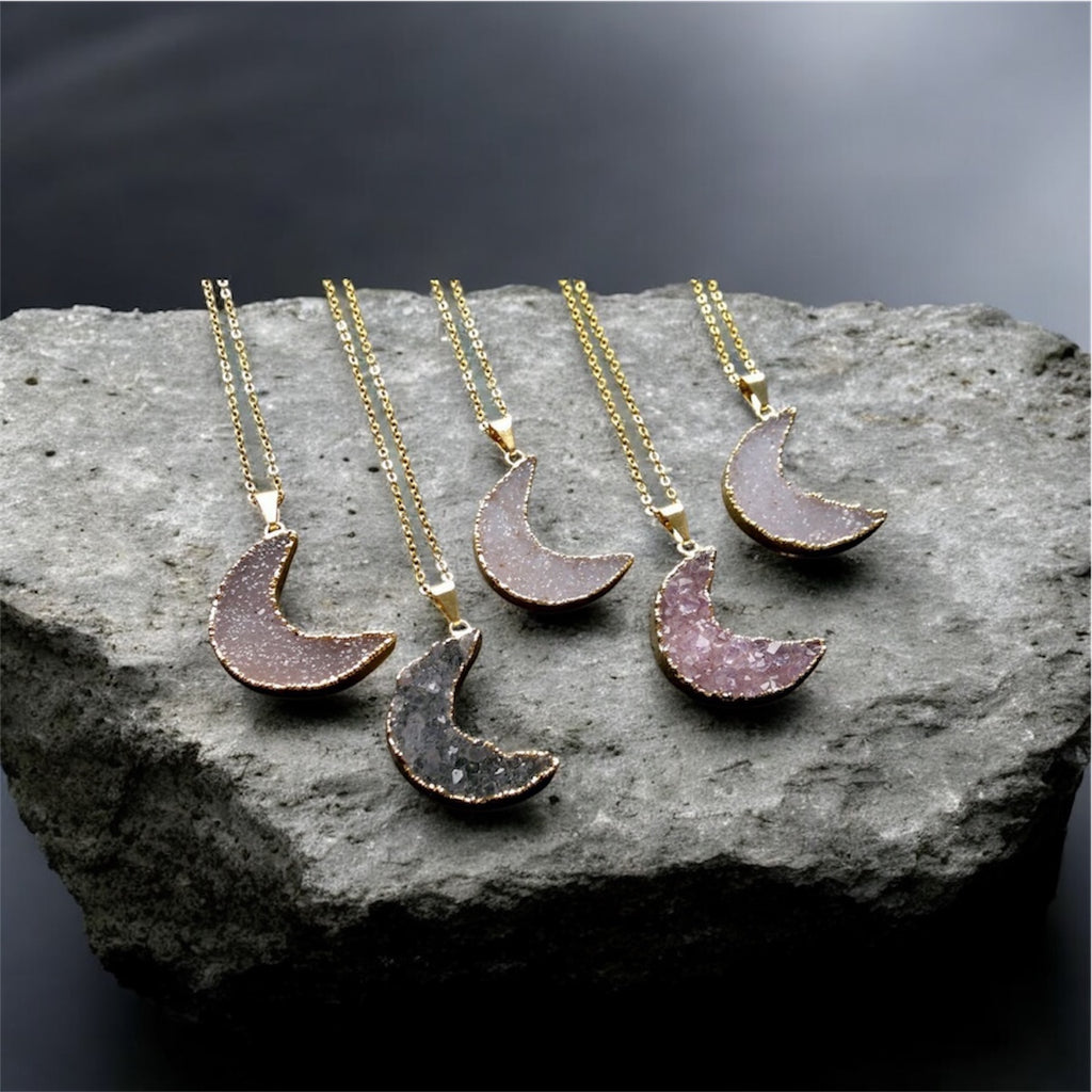 New Moon Pendant - Druzy Agate Stone | Gold Plated