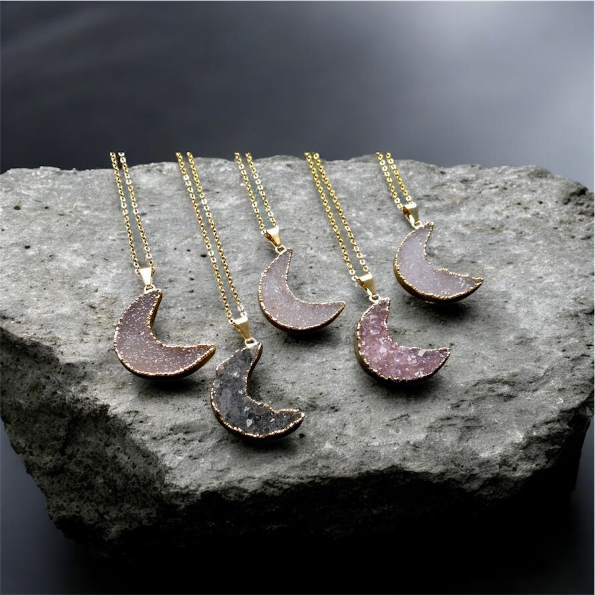New Moon Pendant - Druzy Agate Stone | Gold Plated