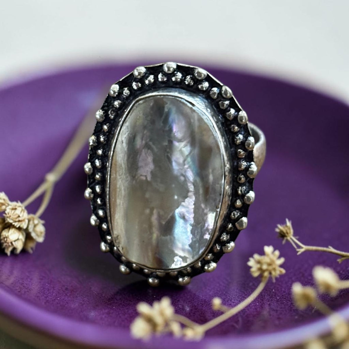 Mother Pearl Ring - Raw Natural Stone Oxidised Silver Plated Adjustable | Brillo