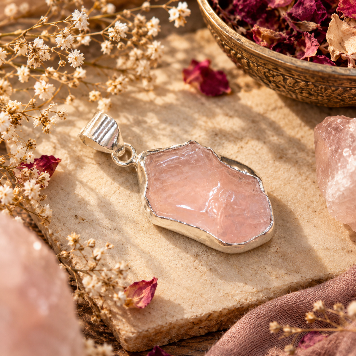 Rose Quartz Pendant - Raw Natural Stone Silver Plated | Brillante