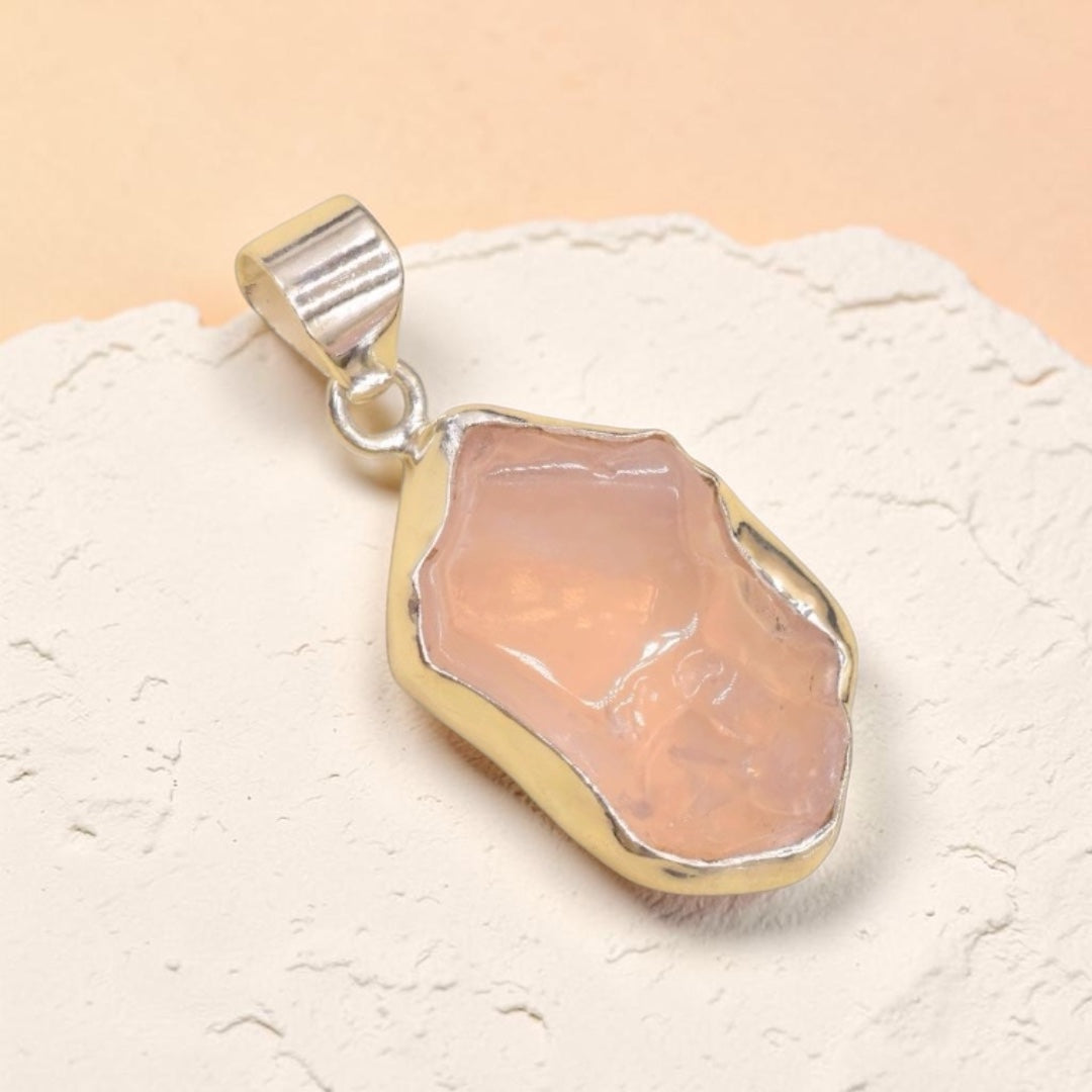 Rose Quartz Pendant - Raw Natural Stone Silver Plated | Brillante