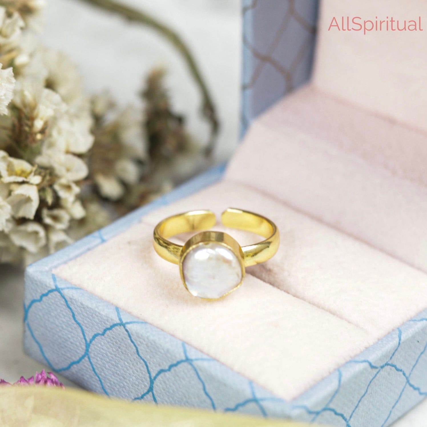 Pearl Ring - Natural Stone Adjustable Gold Plated | Rooted in Grace