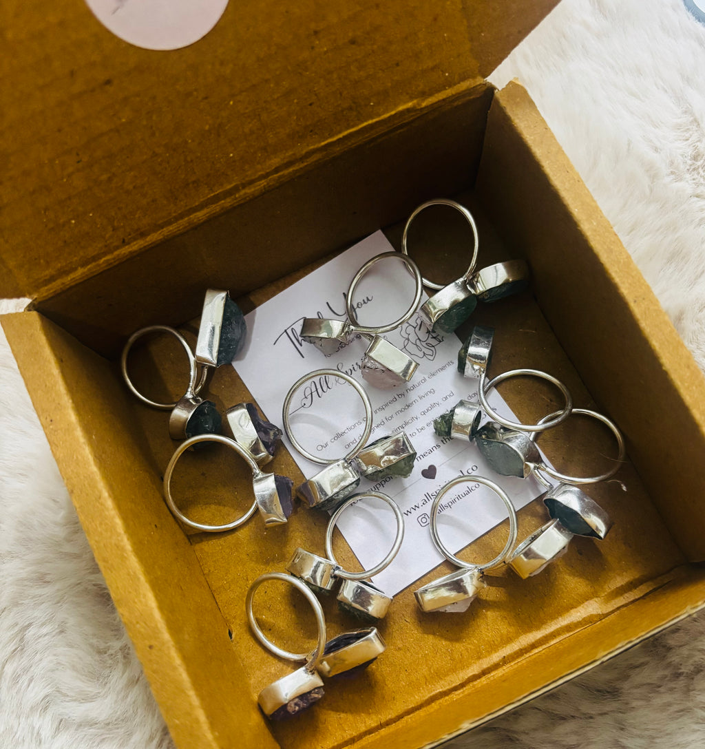 Gemstone Ring - Raw Natural Dual Stone German Silver Adjustable Size Mix Assorted (Pack of 10)